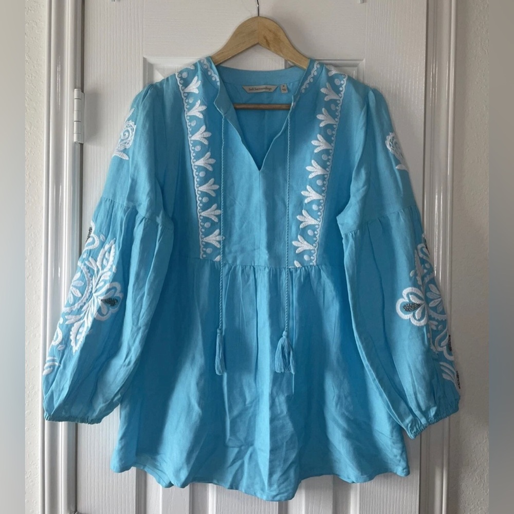 Soft Surroundings Marisa Peasant Light Blue Embroidered Peasant Tunic Sz Medium